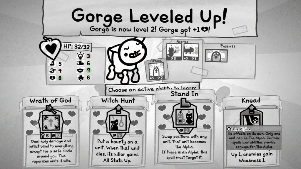 Mewgenics Review - black-and-white screenshot of a cat named Gorge leveling up to level 2, with various active abilities to choose from as a reward