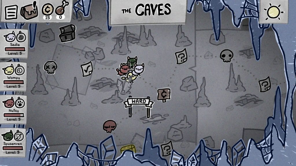 Mewgenics Review - screenshot of a blue and grey in-game map, labeled "The Caves"