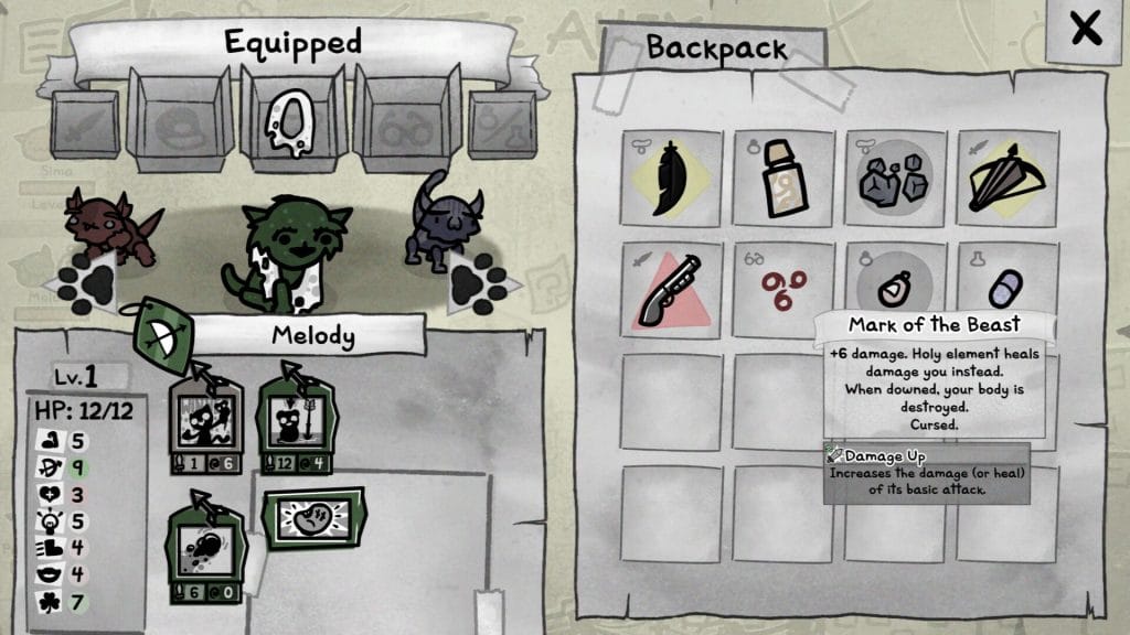Mewgenics Review - screenshot of the backpack screen, which shows various items including a crossbow, rifle, and various pills