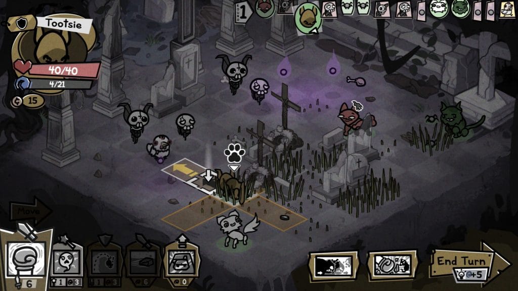 Mewgenics Review - screenshot of a isometric 10-by-10 grid, set in a dreary graveyard, with various cats and enemies