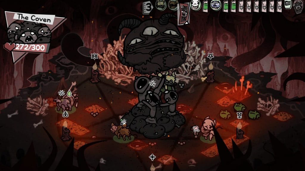 Mewgenics Review - screenshot of in-game combat in a red-and-brown arena filled with grotesque creatures