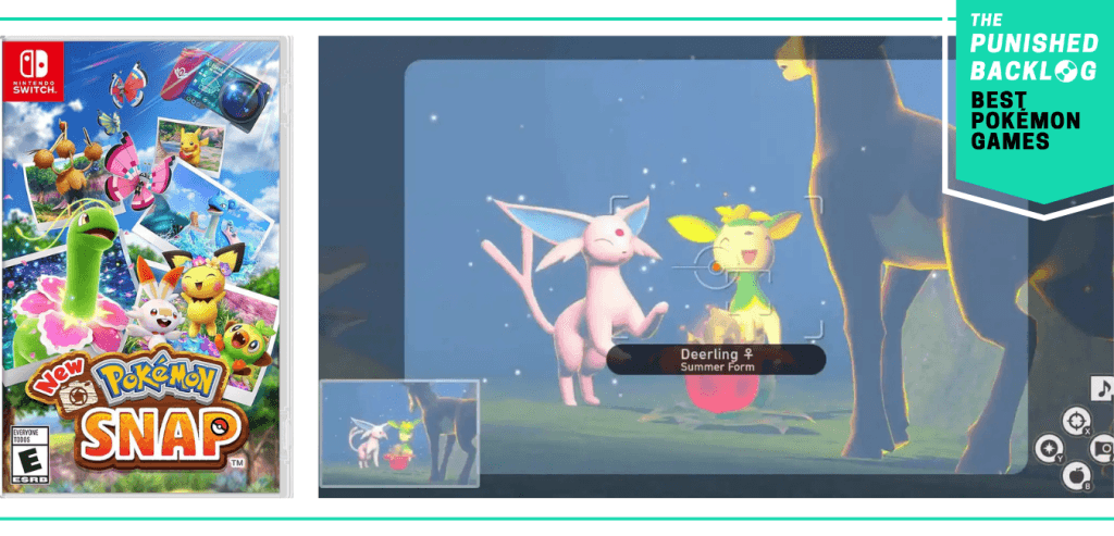 The Best Pokemon Games - New Pokemon Snap cover and screenshot with Deerlings.