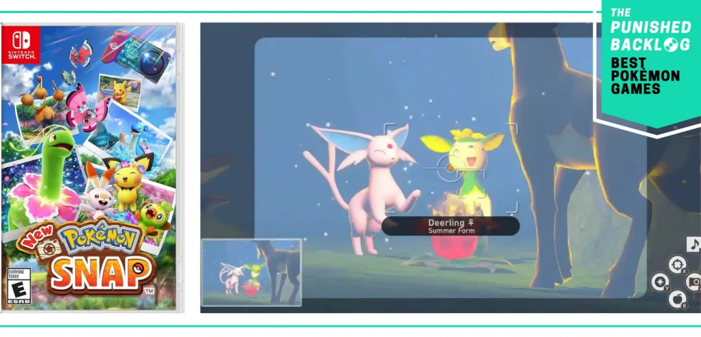 The Best Pokemon Games - New Pokemon Snap cover and screenshot with Deerlings.