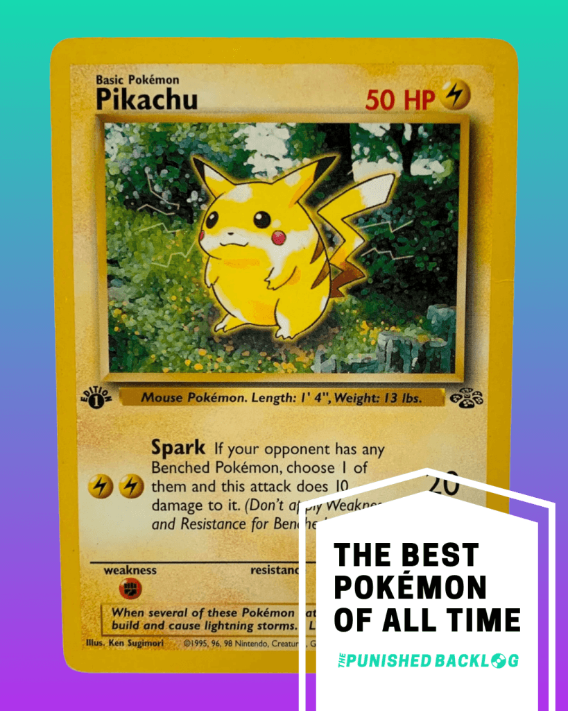 A composite image showing a photo of a early Pikachu (fat Pikachu) Pokemon Trading Card from the Pokemon TCG on top of a teal to purple background gradient. In the bottom right corner, there is a white ribbon that reads "The Best Pokemon of all Time" for the list along with the logo for the Punished Backlog.