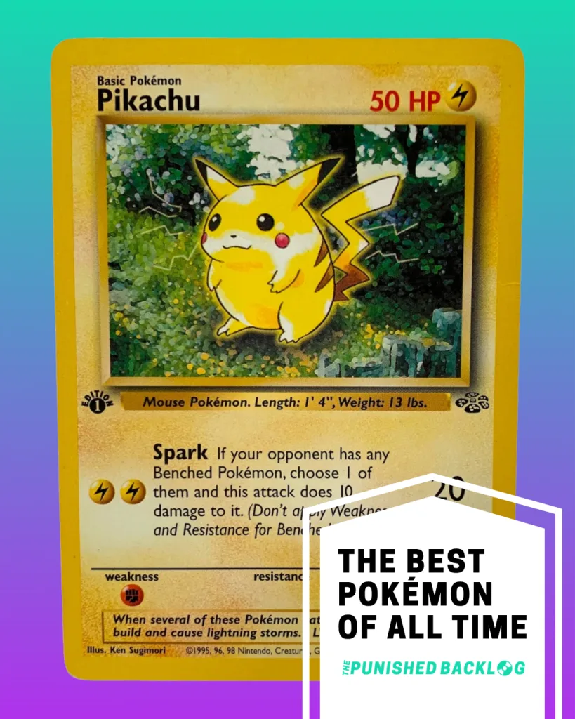 A composite image showing a photo of a early Pikachu (fat Pikachu) Pokemon Trading Card from the Pokemon TCG on top of a teal to purple background gradient. In the bottom right corner, there is a white ribbon that reads "The Best Pokemon of all Time" for the list along with the logo for the Punished Backlog.