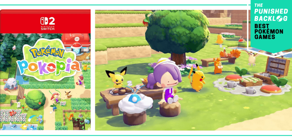 The cover art for Pokemon Pokopia : and a screenshot showing the Ditto player character sitting on a stump with several other Pokemon having a tea party. In the top right corner, there is a teal banner that shows The Punished Backlog's logo and text that says: "Best Pokemon Games"