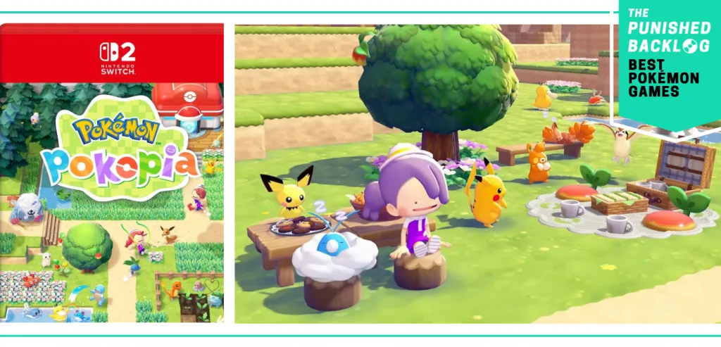 The cover art for Pokemon Pokopia : and a screenshot showing the Ditto player character sitting on a stump with several other Pokemon having a tea party. In the top right corner, there is a teal banner that shows The Punished Backlog's logo and text that says: "Best Pokemon Games"