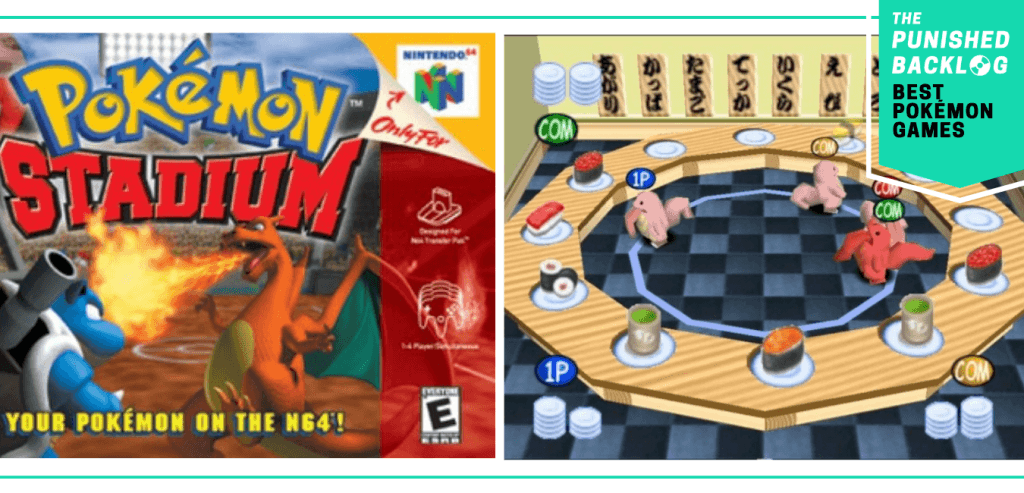 The cover art for Pokemon Stadium on N64 and a screenshot showing the Lickitung Sushi mini-game. In the upper right, there is a teal banner that has The Punished Backlog's logo and text that says: "Best Pokemon Games"