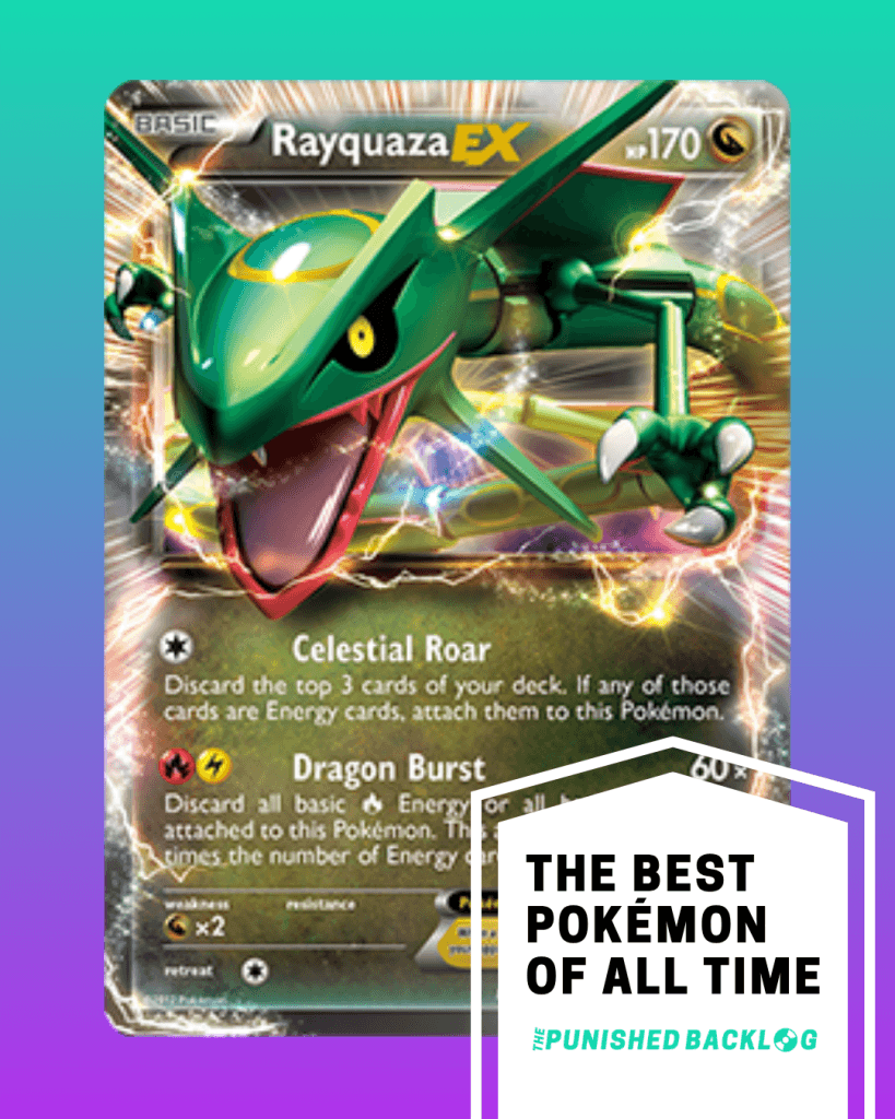 A composite image showing a photo of a Rayquaza Pokemon Trading Card from the Pokemon TCG on top of a teal to purple background gradient. In the bottom right corner, there is a white ribbon that reads "The Best Pokemon of all Time" for the list along with the logo for the Punished Backlog.