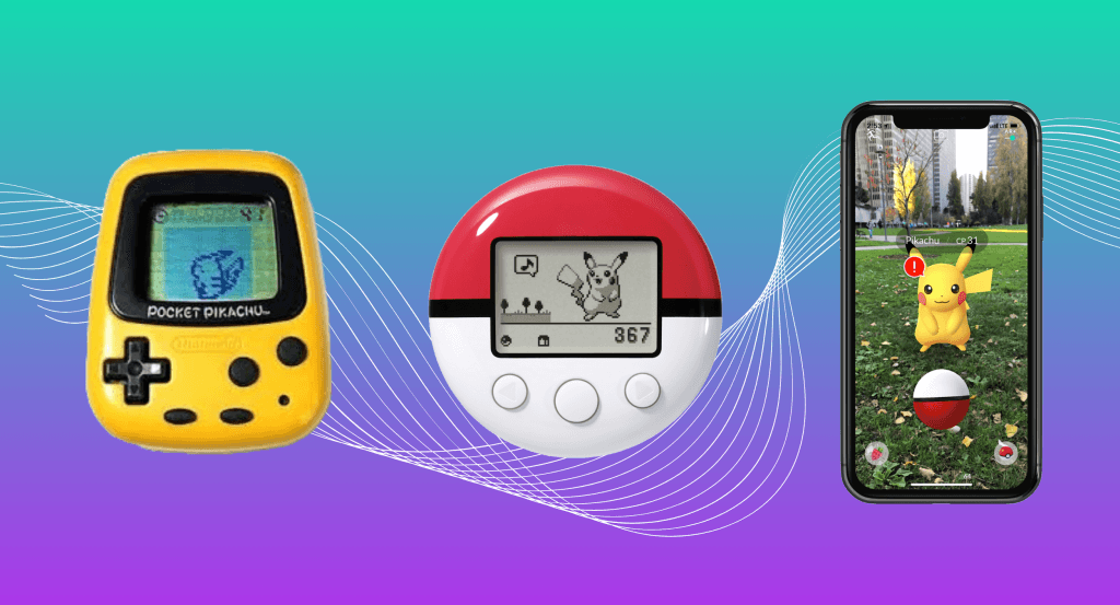 A graphic showing the evolution of pocket Pokémon step trackers fro the Pocket Pikachu to the Pokéwalker to the Pokemon GO app. 