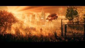 Replaced Demo Impressions - screenshot of protagonist R.E.A.C.H. (an AI inhabiting the body of a man named Warren) in a yellow-brown field, looking up as a police cruiser descends from the sky