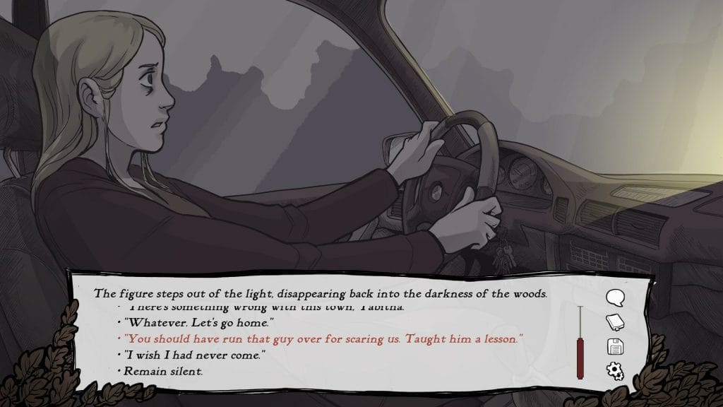 Scarlet Hollow Episode 5 review - screenshot of Tabitha driving at night with a tense, frightful look on her face