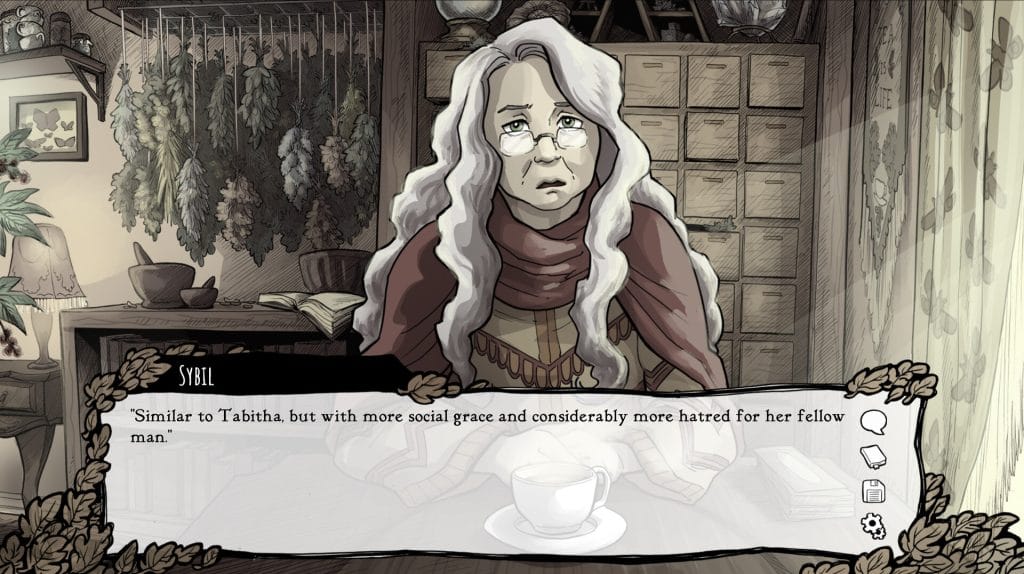 Scarlet Hollow Episode 5 review - screenshot of an old lady named Sybil with white hair, glasses, and brown eyes