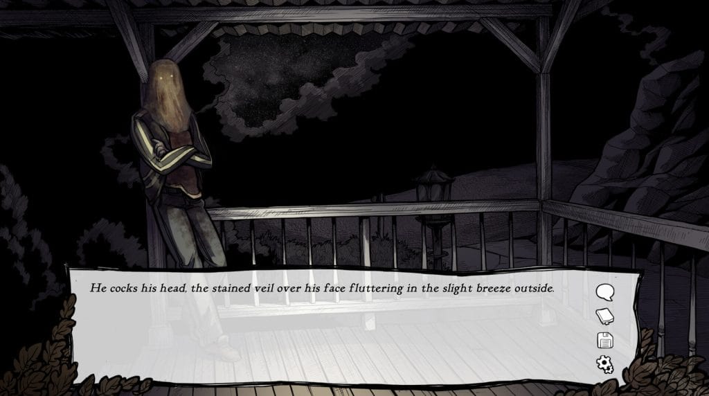 Scarlet Hollow Episode 5 review - screenshot of Sam Wayne, a veiled man in a pair of jeans, a red shirt, and a grey-and-white jacket, leaning against a porch railing