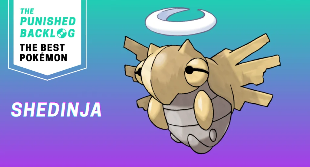 An image showing artwork for Shedinja and its name and the logo for The Punished Backlog with text: "The Best Pokémon" on top of a teal and purple background