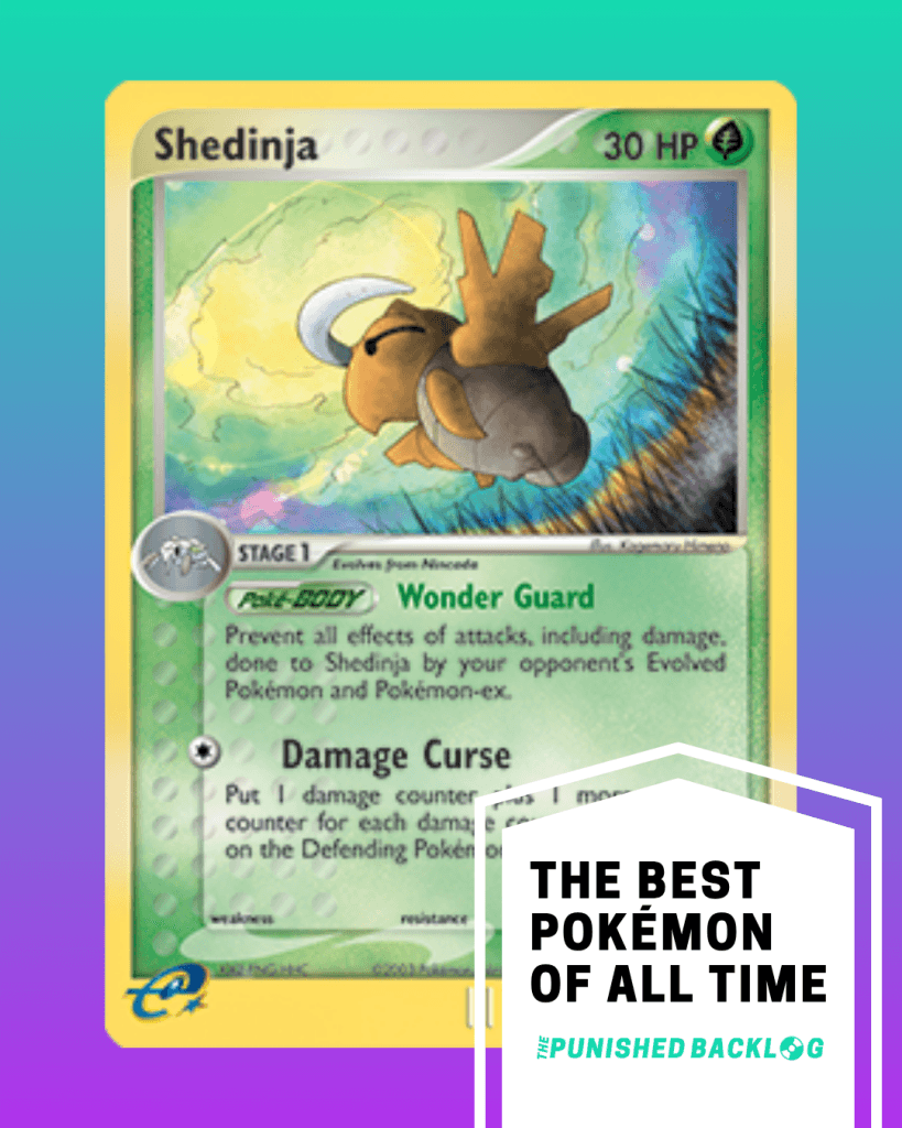 A composite image showing a photo of a Shedinja Pokemon Trading Card from the Pokemon TCG on top of a teal to purple background gradient. In the bottom right corner, there is a white ribbon that reads "The Best Pokemon of all Time" for the list along with the logo for the Punished Backlog.