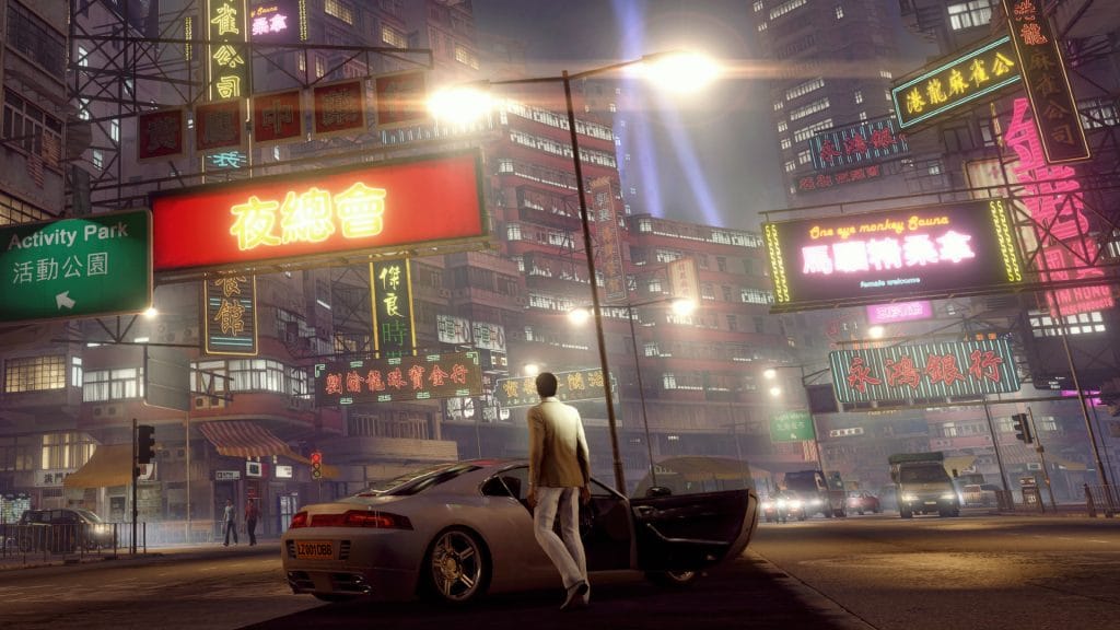 Sleeping Dogs Definitive Edition - photo of Wei Shen in a white suit entering a white sports car with neon lights in the background