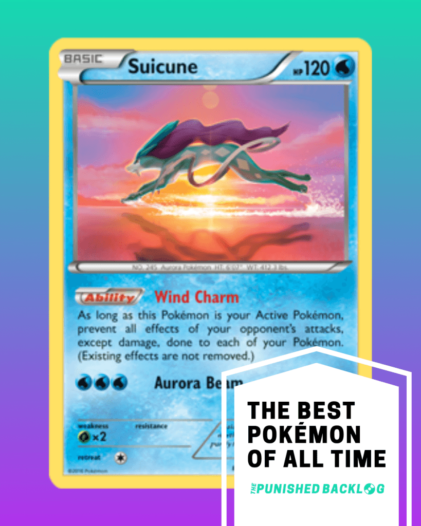 A composite image showing a photo of a Suicune Pokemon Trading Card from the Pokemon TCG on top of a teal to purple background gradient. In the bottom right corner, there is a white ribbon that reads "The Best Pokemon of all Time" for the list along with the logo for the Punished Backlog.