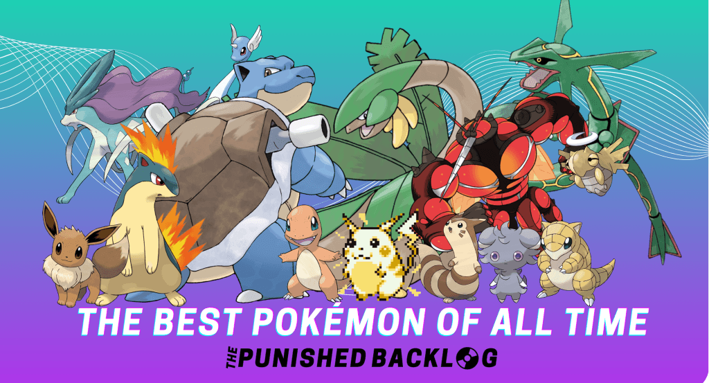 A composite showing 15 Pokemon standing in front of a teal and purple background for our list of Best Pokemon of All Time, from left to right: Eevee, Suicune, Quilava, Dragonair, Blastoise, Charmander, Pikachu, Tropius, Furret, Buzzwole, Espurr, Rayquaza, Sandshrew, Shedinja. Text at the bottom reads: The Best Pokemon of All Time along with the logo for The Punished Backlog.