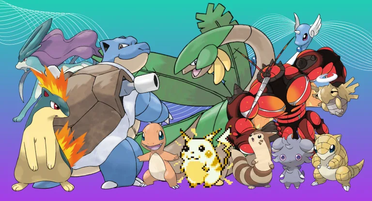 A graphic showing 13 Pokemon standing in front of a teal and purple background for our list of Best Pokemon of All Time, from left to right: Suicune, Quilava, Blastoise, Charmander, Pikachu, Tropius, Furret, Buzzwole, Espurr, Dragonair, Shedinja, Sandshrew.