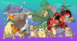 A composite showing 15 Pokemon standing in front of a teal and purple background for our list of Best Pokemon of All Time, from left to right: Eevee, Suicune, Quilava, Dragonair, Blastoise, Charmander, Pikachu, Tropius, Furret, Buzzwole, Espurr, Rayquaza, Sandshrew, Shedinja.