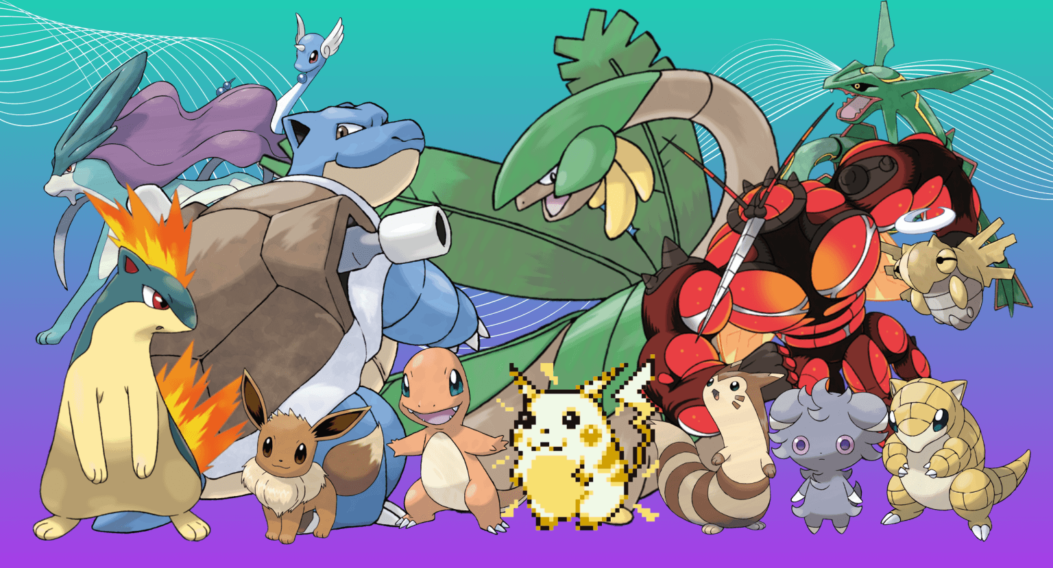 The 15 Best Pokémon: Who’s That Pokémon?! A composite showing 15 Pokemon standing in front of a teal and purple background for our list of Best Pokemon of All Time, from left to right: Eevee, Suicune, Quilava, Dragonair, Blastoise, Charmander, Pikachu, Tropius, Furret, Buzzwole, Espurr, Rayquaza, Sandshrew, Shedinja.