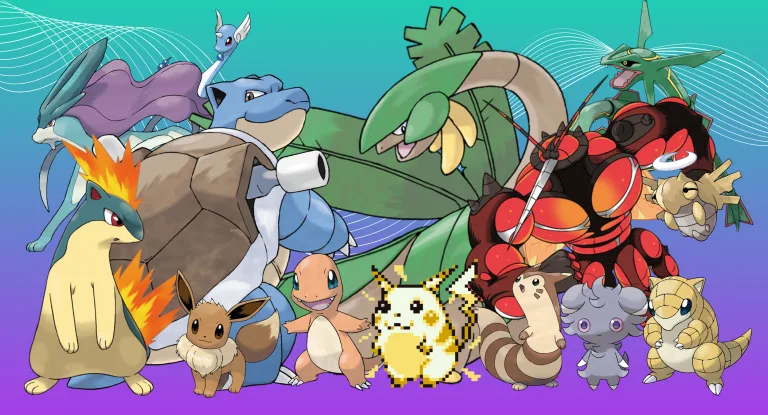 A composite showing 15 Pokemon standing in front of a teal and purple background for our list of Best Pokemon of All Time, from left to right: Eevee, Suicune, Quilava, Dragonair, Blastoise, Charmander, Pikachu, Tropius, Furret, Buzzwole, Espurr, Rayquaza, Sandshrew, Shedinja.