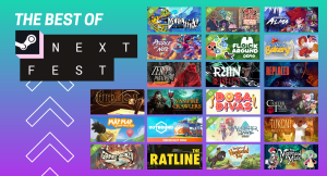 The Best Steam Next Fest Demos of 2026, chosen by The Punished Backlog with the header images for Alabaster Dawn, Altered Alma, Coffee Talk: Tokyo, Denshattack!, Dosa Divas, Flock Around, Gambonanza, Horses of Hoofprint Bay, Letter Lost, Map Map - A Game About Maps, The Mermaid Mask, Outbound, People of Note, The Ratline, Replaced, Ruin: Beast City, Tukoni: Forest Keepers, Vampire Crawlers: The Turbo Wildcard from Vampire Survivors, Wax Heads, The Witch's Bakery, Zero Parades for Dead Spies, on top of a teal and purple gradient background with white arrows pointing up