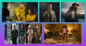 A graphic with stills from five different upcoming 2026 films that premiered at SXSW: I Love Boosters, Normal, Noah Kahan: Out of Body, Forbidden Fruits, and They Will Kill You, on top of a teal to purple gradient background.