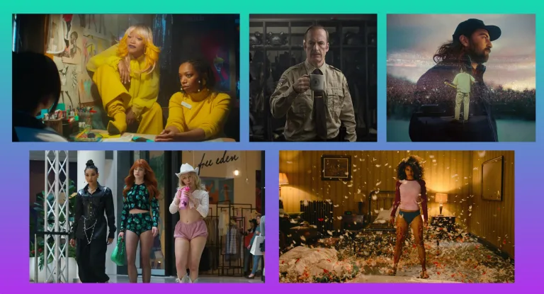 A graphic with stills from five different upcoming 2026 films that premiered at SXSW: I Love Boosters, Normal, Noah Kahan: Out of Body, Forbidden Fruits, and They Will Kill You, on top of a teal to purple gradient background.