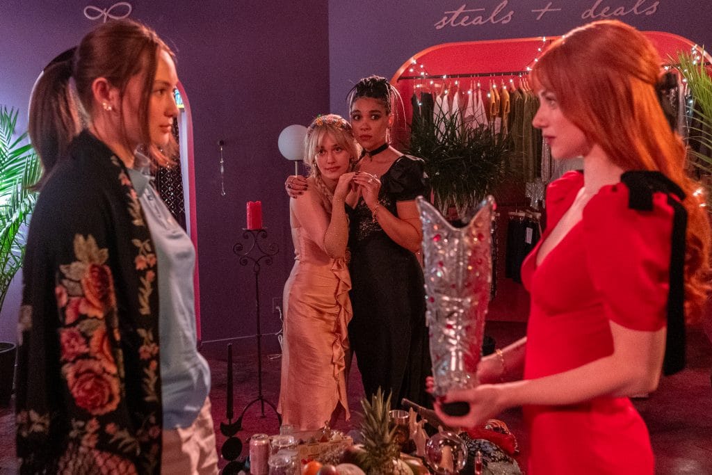 A screenshot from the upcoming 2026 film Forbidden Fruits, showing four young women in a mall in different styles of clothes. 