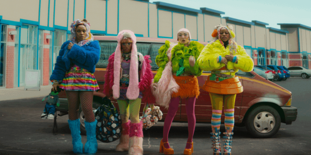 A screenshot from I Love Boosters, an upcoming 2026 film, showing four women in colorful outfits. 