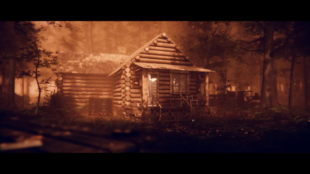 A screenshot from psychological horror game Project Songbird showing an idyllic log cabin in the woods. 