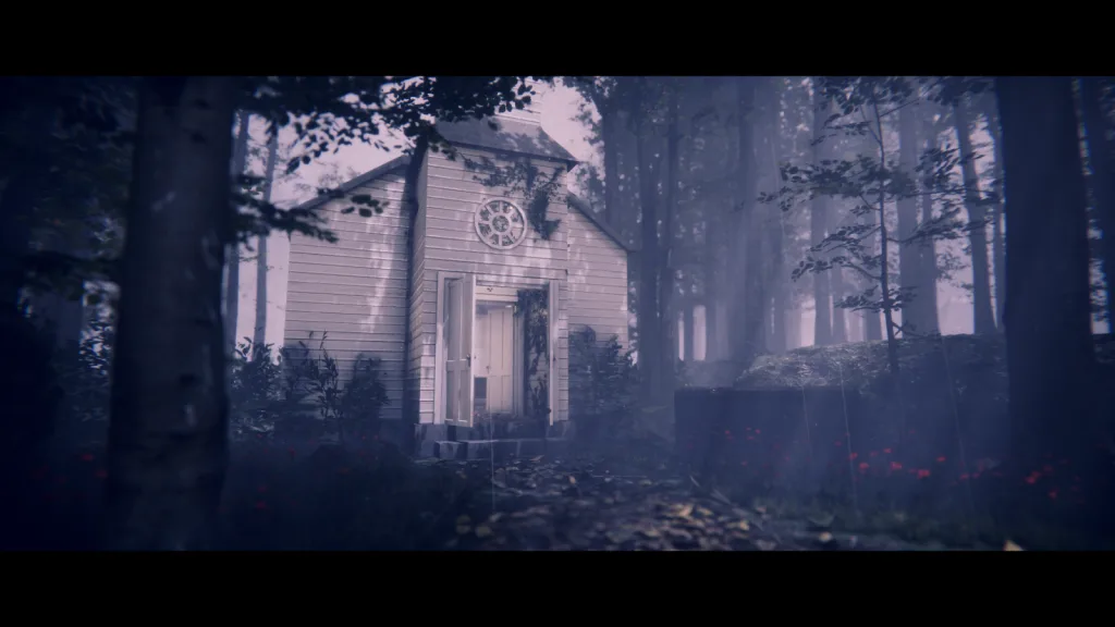 A screenshot from psychological horror game Project Songbird showing a church in the woods in the rain. 