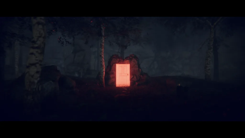 A screenshot from psychological horror game Project Songbird showing a strange glowing red door in the woods. 