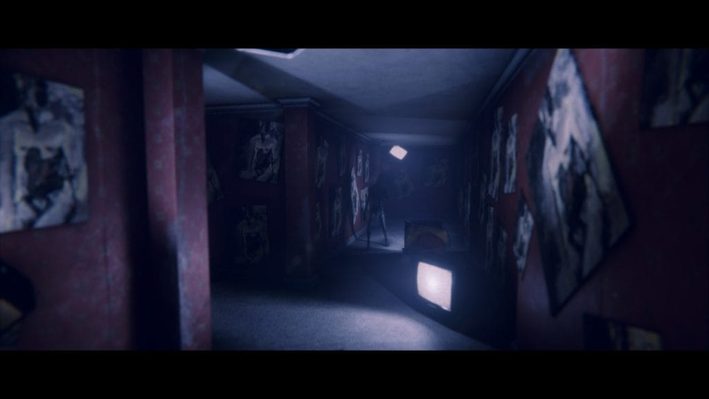 A screenshot from psychological horror game Project Songbird showing a dark hallway with band posters and a strange enemy lit by television screens. 
