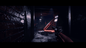 A screenshot from psychological horror game Project Songbird showing a first-person view of holding a shotgun in a dark corridor with a strange enemy at the end of the hall.