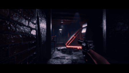 A screenshot from psychological horror game Project Songbird showing a first-person view of holding a shotgun in a dark corridor with a strange enemy at the end of the hall.