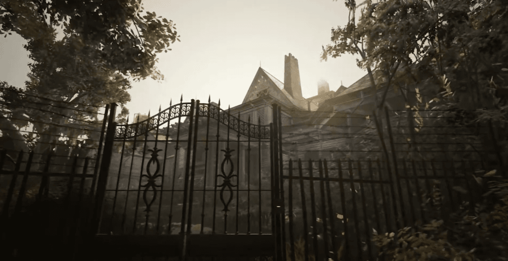 Resident Evil 7 Review - screenshot of a black gate in front of a massive mansion 