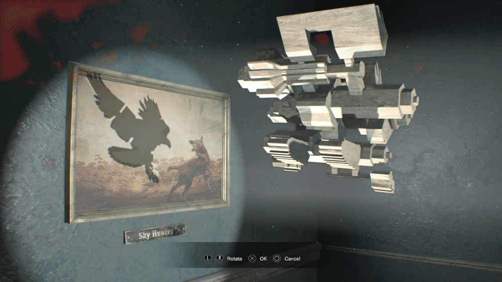 Resident Evil 7 Review - screenshot of a puzzle involving a wooden shape that, when angled correctly against the light, forms an eagle against a painting of a dog