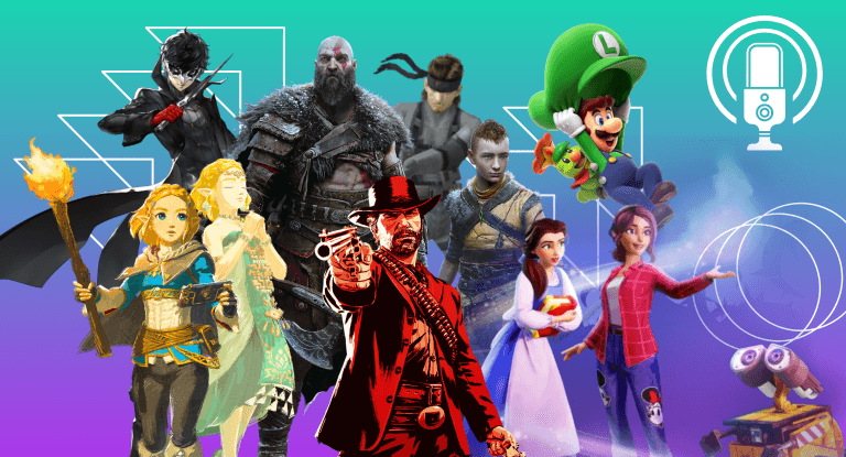 A graphic for a video game podcast about review scores in the gaming industry showing characters from some of the video games discussed including Joker from Persona 5, Zelda from The Legend of Zelda: Tears of The Kingdom, Kratos and Atreus from God of War Ragnarok, Arthur Morgan from Red Dead Redemption 2, Luigi from Super Mario Bros Wonders, Belle and Wall-E from Disney Dreamlight Valley, all on a teal and purple gradient background with an icon for a podcast microphone