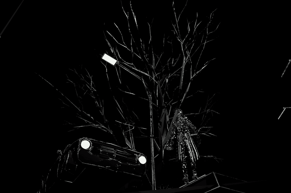 A black-and-white image of a tree, car, and a statue as a VR screenshot from Cycle at SXSW 2026. 