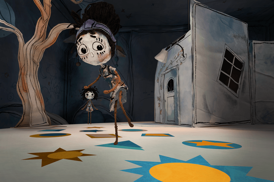 An image of a paper doll inspired art image with a young girl walking carefully from a VR experience called The Dollhouse at SXSW 2026. 