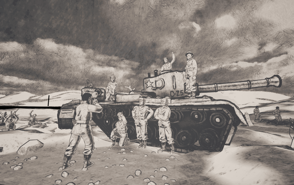 A black-and-white sketch image of soldiers standing in front of a tank from a VR experience called The Forgotten War at SXSW 2026. 