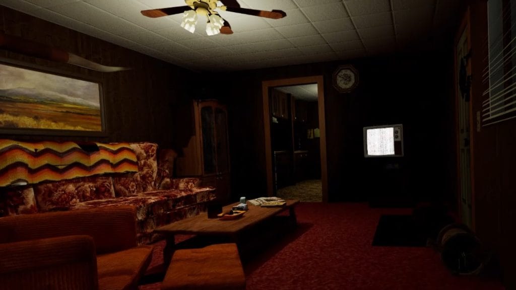 A spooky screenshot of an empty 1990s living room from a VR horror experience called Watsonville at SXSW 2026. 