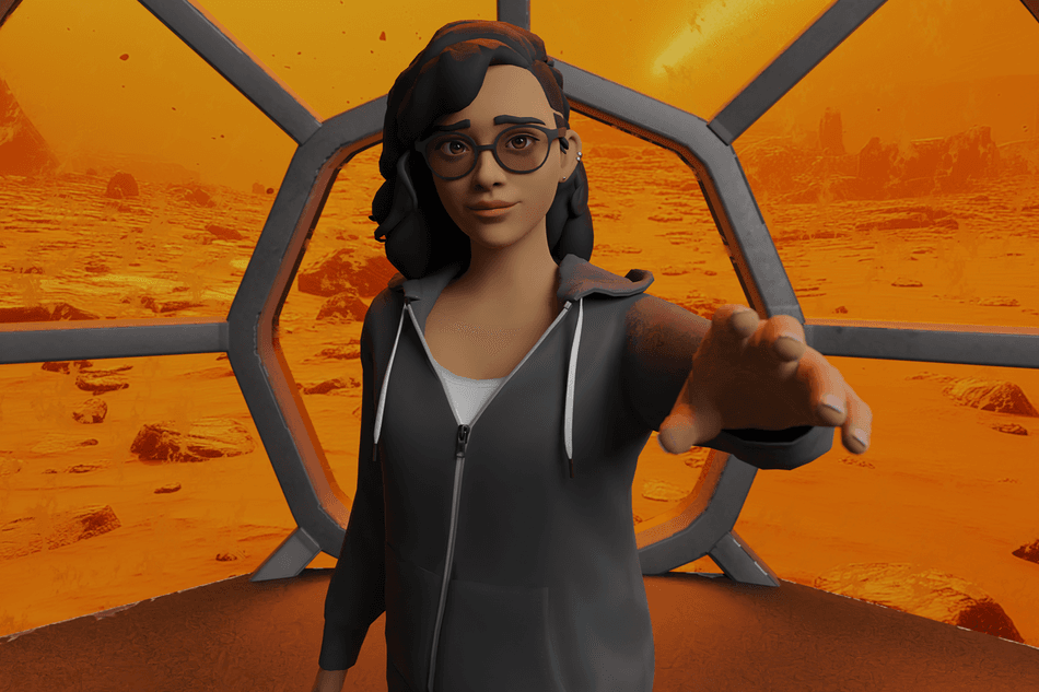 A screenshot of a woman standing in front of windows on a space station on Mars from a VR horror experience called WinterOver at SXSW 2026. 