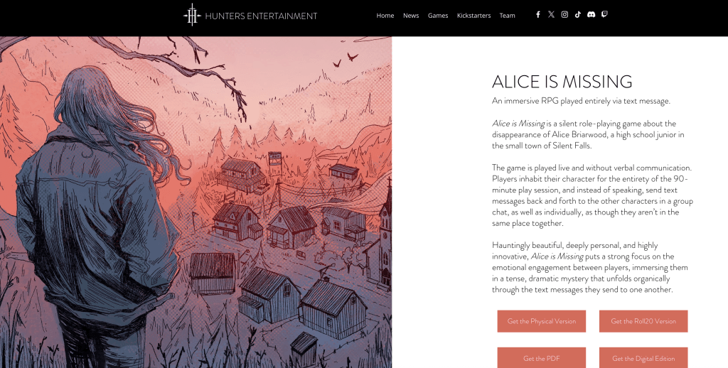 A screenshot of the promotional art and description for the RPG game Alice is Missing by Hunters Entertainment 