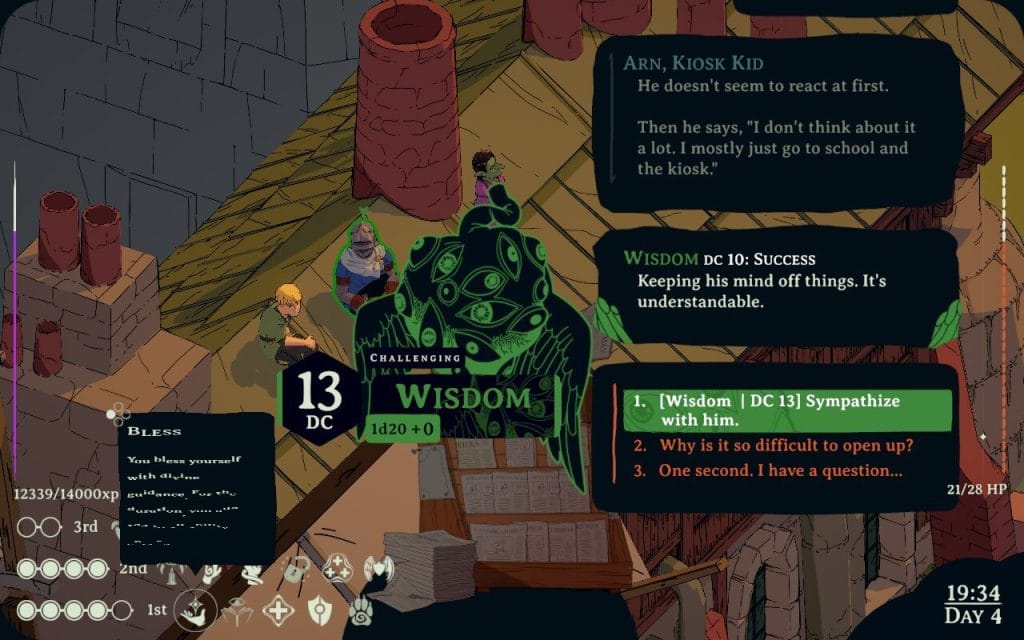 A screenshot from Esoteric Ebb showing a man in a blue tunic and a helmet talking to a young blonde boy about his feelings and trying to open up and be vulnerable. 