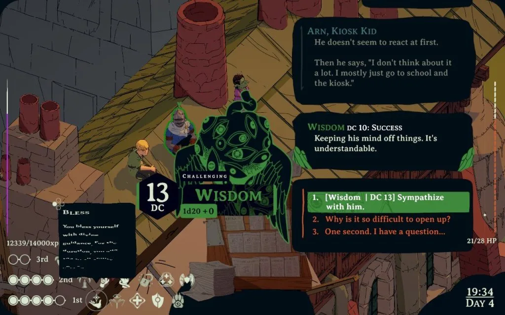 A screenshot from Esoteric Ebb showing a man in a blue tunic and a helmet talking to a young blonde boy about his feelings and trying to open up and be vulnerable. 