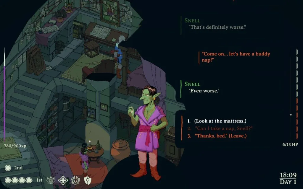 A screenshot from Esoteric Ebb showing the character talking to Snell, a green goblin, about a buddy nap in his apartment. 